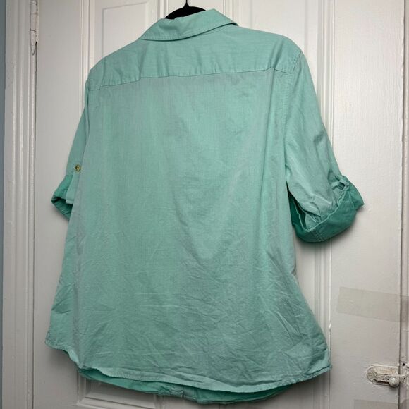 Jones New York Shirt Womens XL Turquoise Button Up Roll Tab Sleeve Cotton Top - Picture 6 of 7